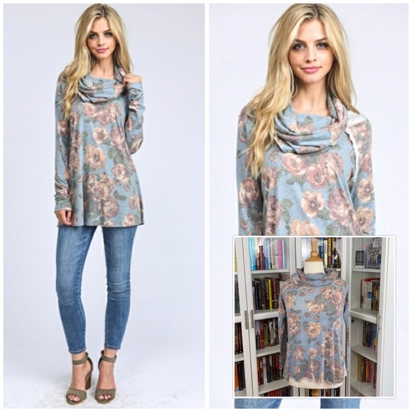 Blue Floral Long Sleeve Turtleneck Tee - Picture 10 of 13